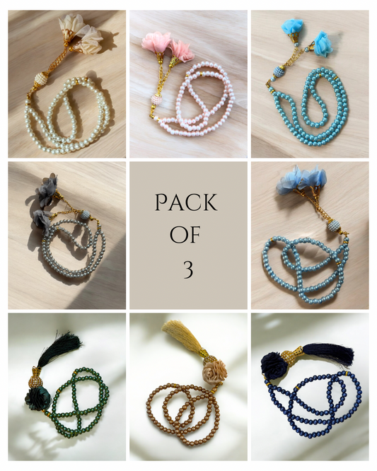 Pack of 3 Elegant Prayer Beads Pearls with Delicate Floral Design Perfect for Decorations